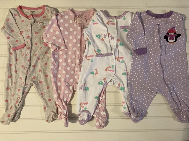 0-3 Month Baby Girl Clothes Bundle Polka Dot Sleepers Pink and Purple w Footies