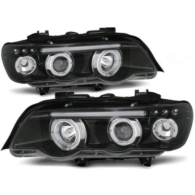 LED Angel Eyes Scheinwerfer Set Schwarz für BMW X5 E53 vor Facelift 99-03