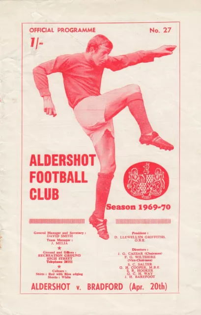 Aldershot V Bradford Park Avenue  20/4/1970 Final League Match Bradford Pa