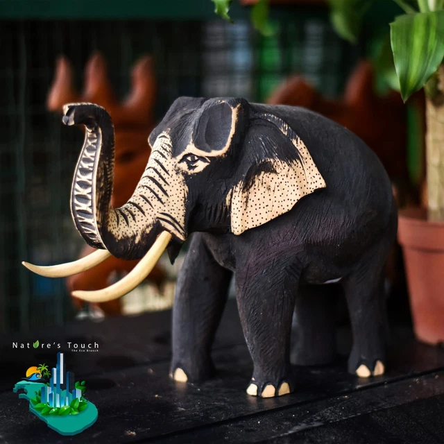 Wood Elephant Lucky Statue Sculpture Hand Carved Trunk Up Wooden Figurine 10"