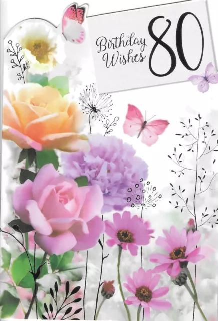 80Th Female, Ladies Birthday Greeting Card 7"X5" Flowers