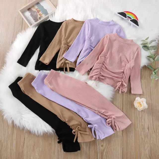 Toddler Baby Girls Kids Clothes Ruffle Ribbed Long Sleeve Tops+Pants Set Outfits