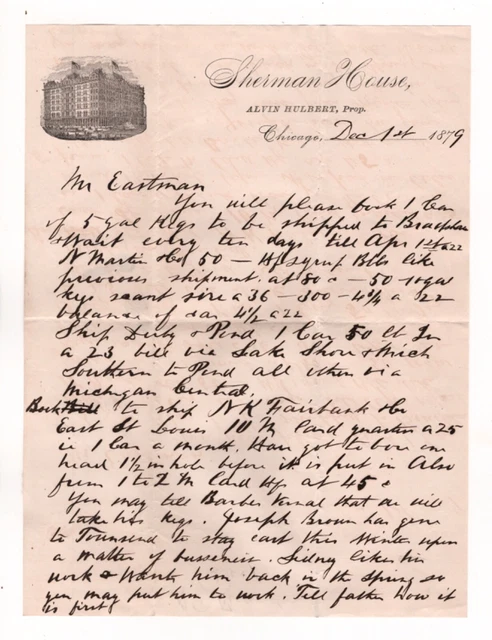 1879 Sherman House Letterhead Chicago Alvin Hulbert  Fessenden