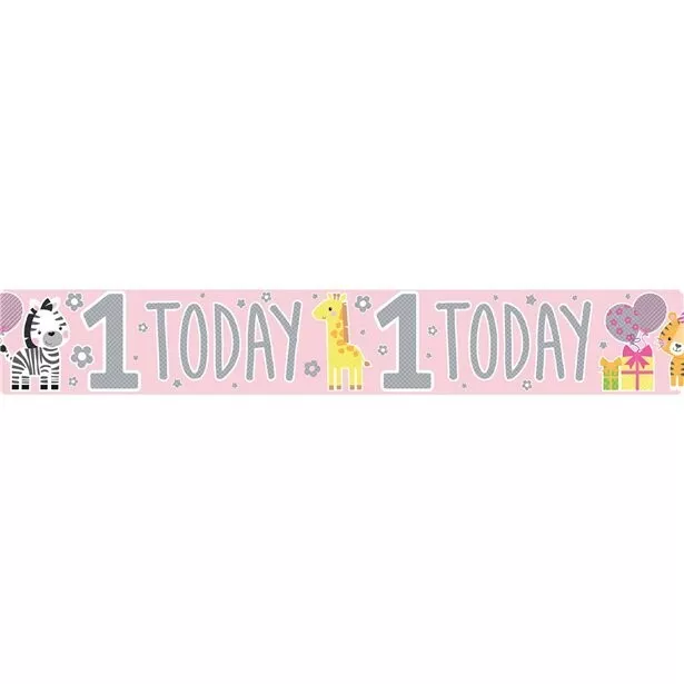 1st BIRTHDAY BANNER - Baby girl age 1 - PINK ANIMALS PARTY DECORATION one first