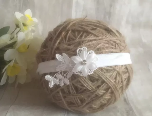 Baby Girl Off White Christening Headband Baptism Wedding Small Flower Hairband