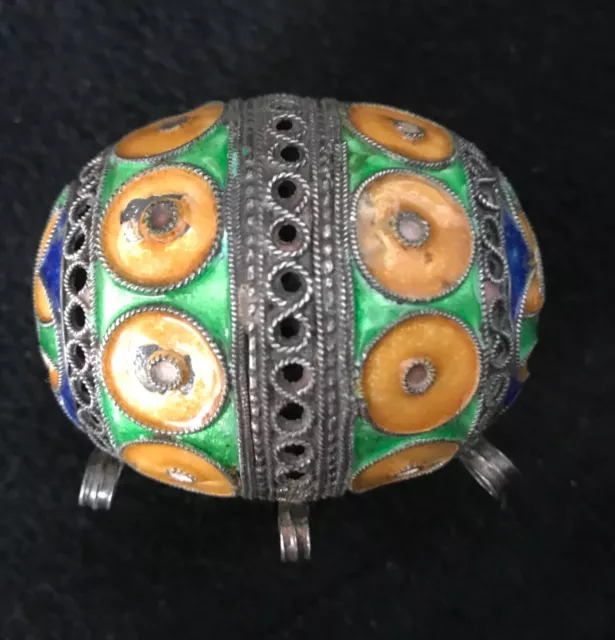 (B) Vintage Berber Silver  Enamel Egg Pendant Charm Bead