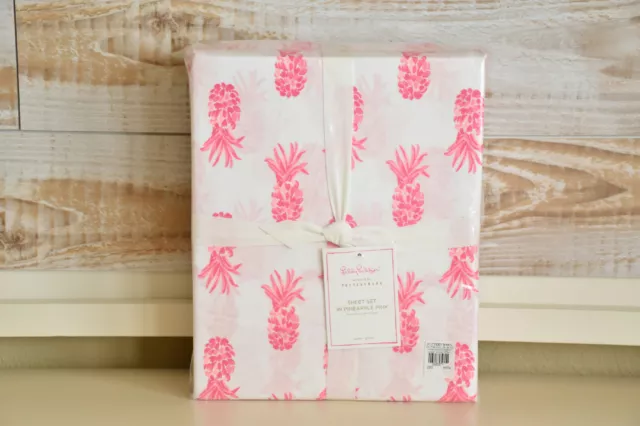 NEW Pottery Barn Lilly Pulitzer Pineapple Pink FULL Organic Sheet Set NWT