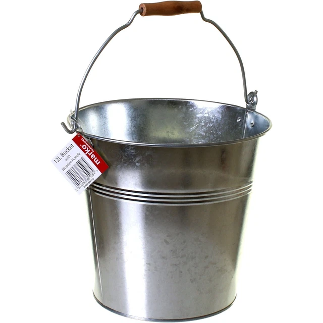 METAL BUCKET LARGE 12L Galvanised Wooden Handle Strong Steel Water Coal