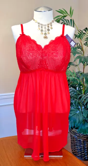 NWT! Cacique 2-Pc Bright Red Sheer Babydoll Nightie W/G-String Panty Sz 22/24