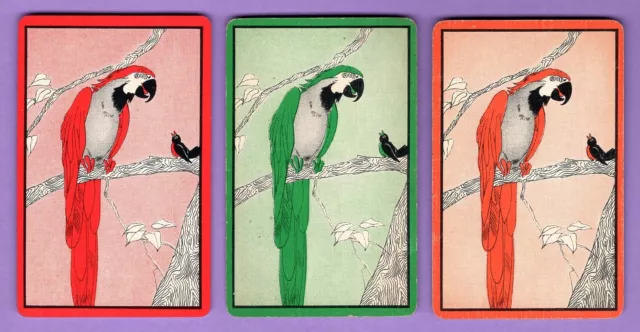 3 Single Swap Playing Cards PARAKEETS COLORFUL CAGED BIRDS DECO VINTAGE SET of 3