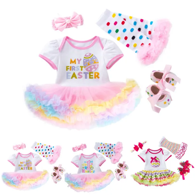 Baby Girls 4Pcs Set MY First Easter Dress Outfit - Tutu Skirt Romper Shoes Socks