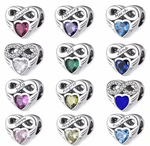 925 Sterling Silver month Birthstone heart Charms birthday gift for bracelet uk