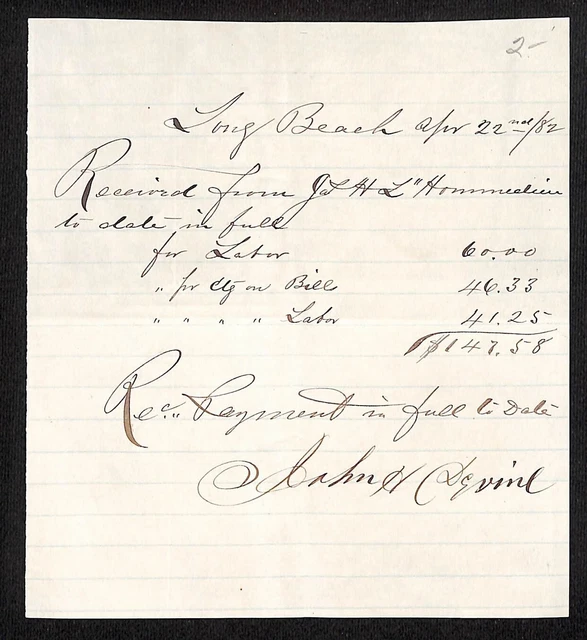 1882 Long Beach, NY Hand Written & Signed Receipt for $147.58 incl. Labor Scarce