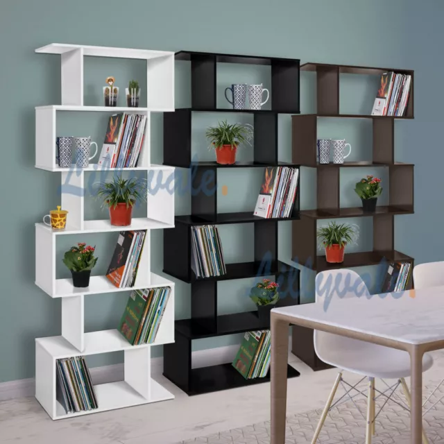 Wood Bookcase Bookshelf S Shape 6 Tier Shelves Free Standing Shelving Storage