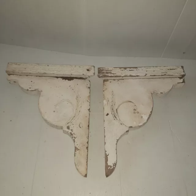 Pair of Antique Wooden Corbels With Old Flakey White Paint Architectural Salvage