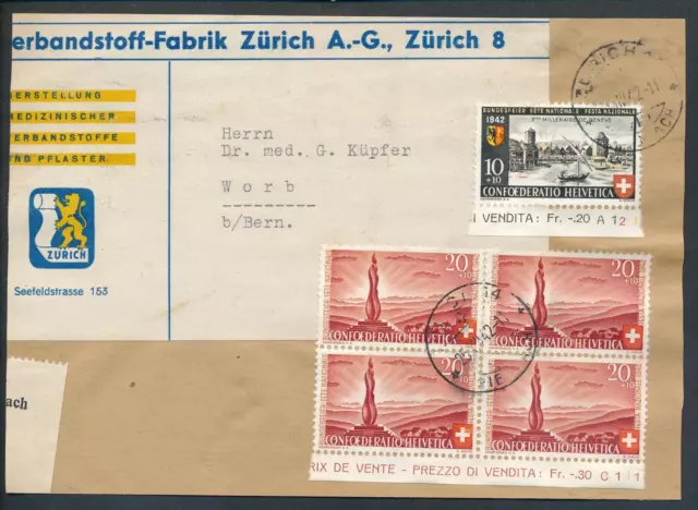 Schweiz Mi 408+409(4) Briefstück Zürich 1942 nach Worb