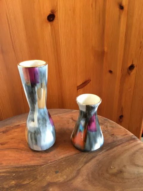 German Retro Vases Bay Keramic Pair 50's MCM Lustreware  17 & 10 cm Tall
