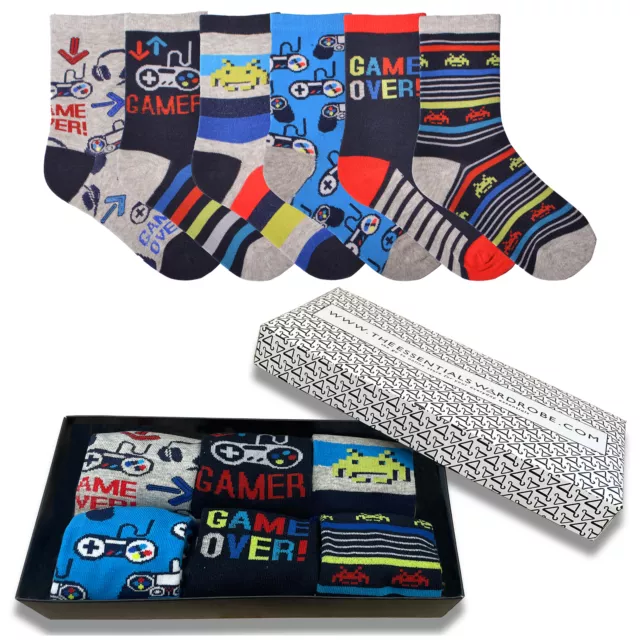 Boys 6 Pack Socks Gaming Design Coloured Cotton Rich Box Gift Gifting Socks