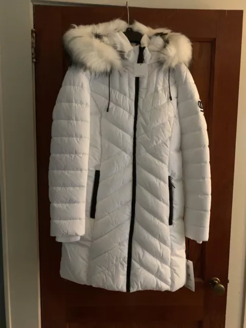 DKNY Faux Fur White Hooded Puffer Coat (M)