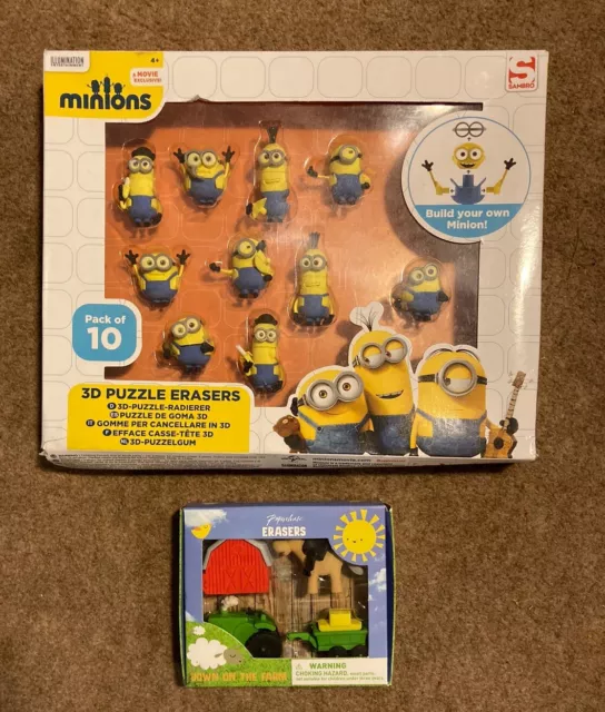 New Down On The Farm Erasers & Minions 10 3D Puzzle Novelty Erasers / Rubbers