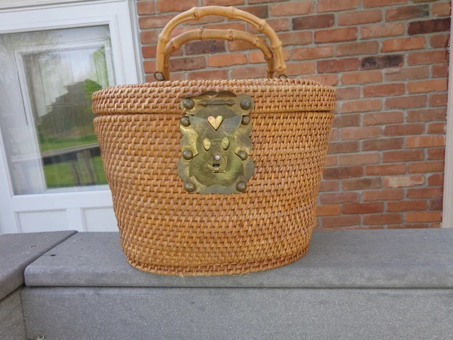 Antique Chinese Woven Tea Basket With Brass Fittings, Bamboo And Cloth Interior
