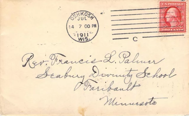 1911 Oshkosh Seabury Divinity University Cool Cancel Postal History Cover