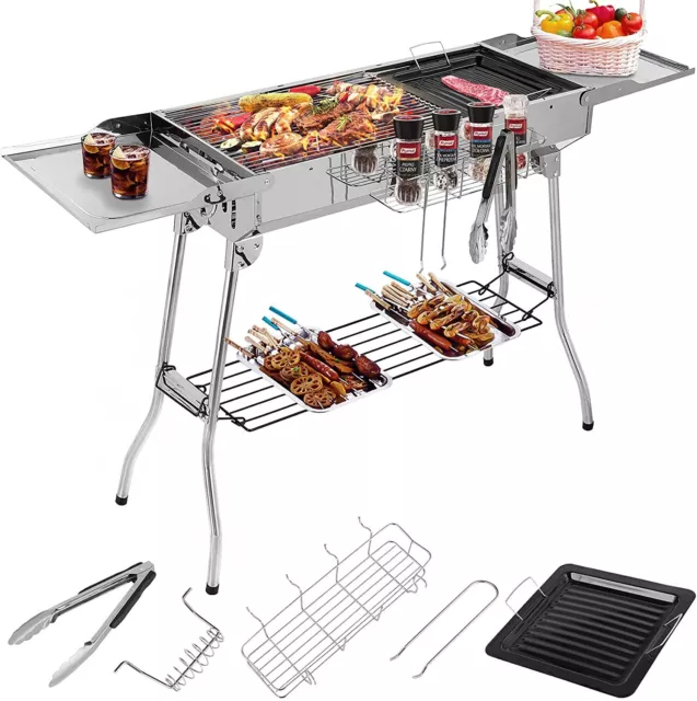 Holzkohlegrill Edelstahl Grill BBQ Tool Picknick Kochutensilien Camping Barbecue
