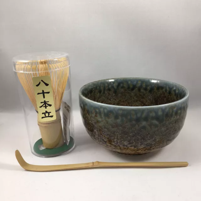 Japanese Brown Rust Blue Matcha Cup Bowl Bamboo Scoop 80 Whisk Tea Ceremony Set