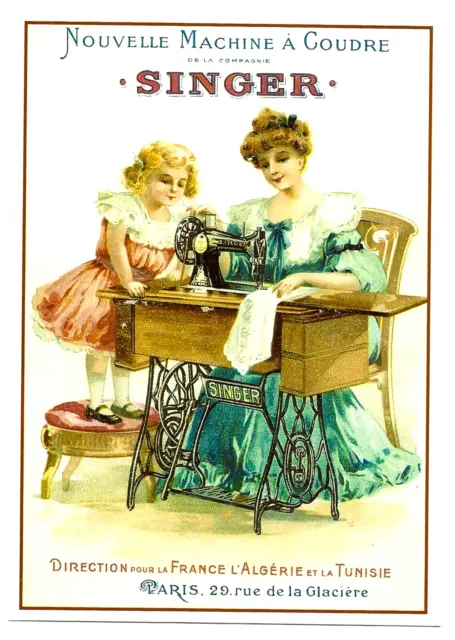 PARIS - Nueva máquina de coser SINGER - MUJER con NIÑA - magnífica tarjeta