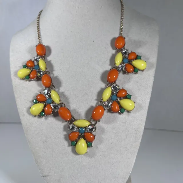 Charming Charlie Signed Yellow Orange Flower Statement Necklace Gold Tone
