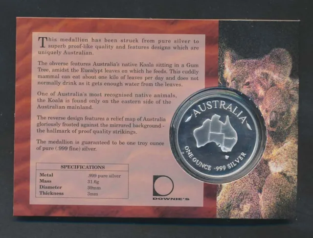 Australia: 1999 Koala 1oz Pure Silver Medallion in Custom Card, SCARCE
