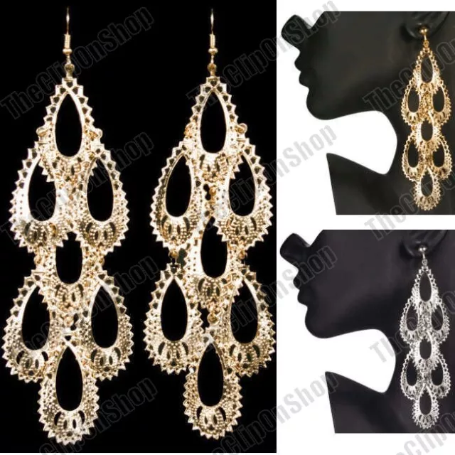 CLIP ON 5"long BIG BOHO CHANDELIER EARRINGS filigree drop GOLD/SILVER fashion