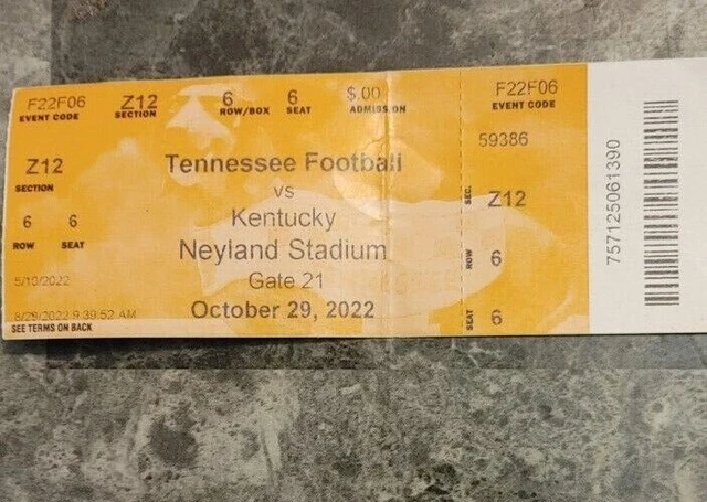 ticket stub Tennessee football versus Kentucky October 29th 2022