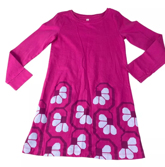 Girl's Tea A-Line Retro Floral Dress Sz 7 Long-Sleeve Dark Pink 100% Cotton