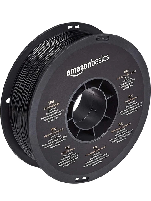 Amazon Basics TPU 3D Printer Filament, 1.75mm, Black, 1 kg - Spool Roll Wrap
