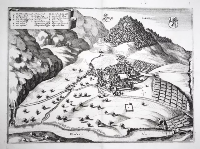 Leuk Wallis Schweiz Suisse Switzerland Ansicht engraving Kupferstich Merian 1642