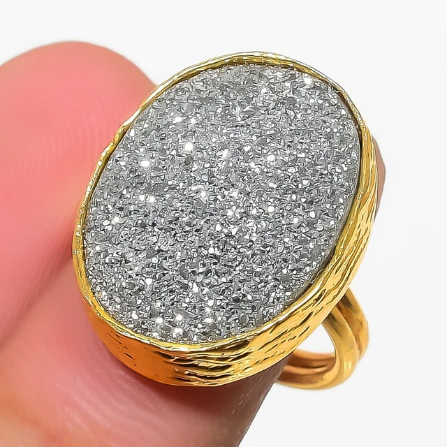 Pyrite Druzy Gemstone 925 Sterling Silver Jewelry Ring Size Adjustable L532