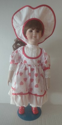 16" Marian Yu Designs Porcelain Doll White Dress Red Hearts COA