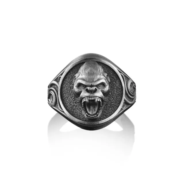 Solid 925 Sterling Silver Engraved Angry Gorilla Ape Handmade Signet Mens Ring
