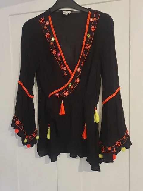 Tuta da gioco nera ricamata con nappe River Island età 11 12 Boho Festival