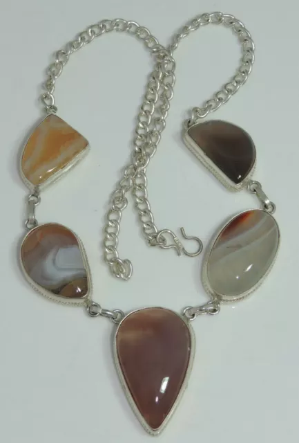 Chunky Banded Agate Stone bezel set Pendant Silver Chain 19" Necklace Cg 56