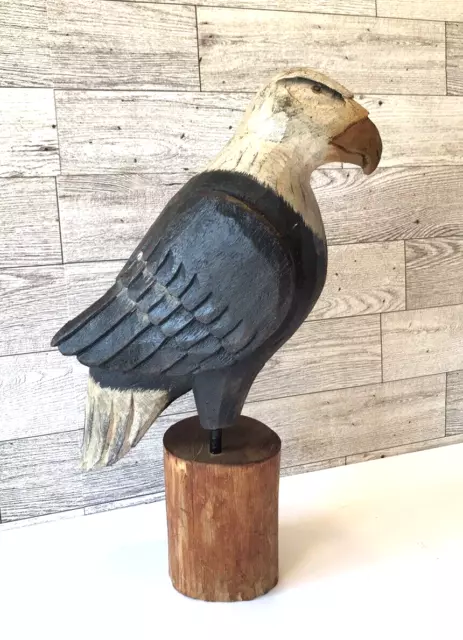 Vintage Folk Art Style Hand Carved Hand Painted Bald Eagle Bird Sculpture