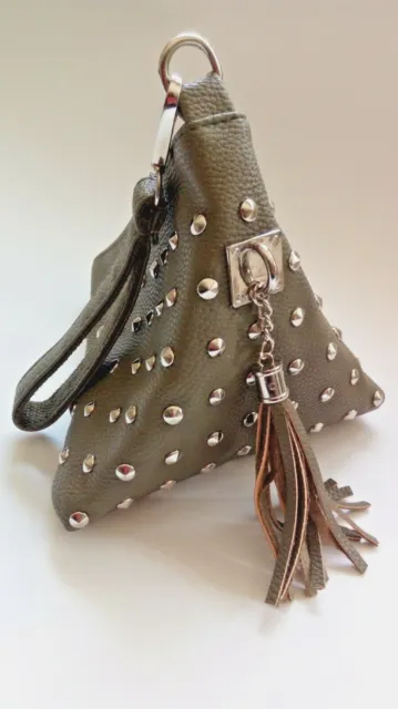 Handbag Clutch Women Purse Wallet Triangular Shape Leather Khaki & Rivets Unique