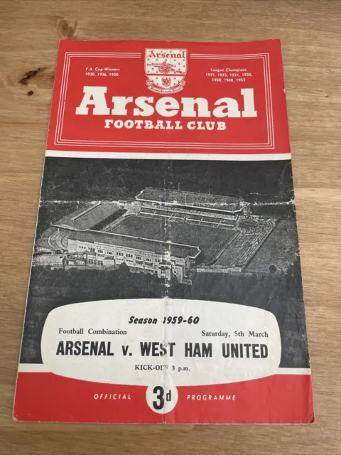 Arsenal V West Ham United Programme March 1959 Football Combination