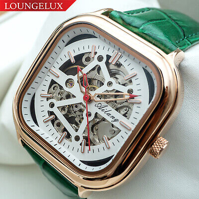 Mens Automatic Mechanical Watch Rose Gold White Green Leather Deployant Buckle