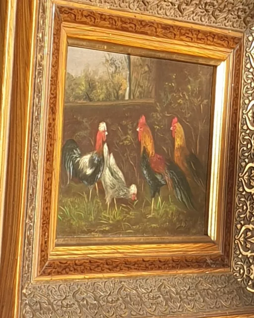 Tableau ancien signée poulailler  coq  poules Peinture huile sur panneau  bois