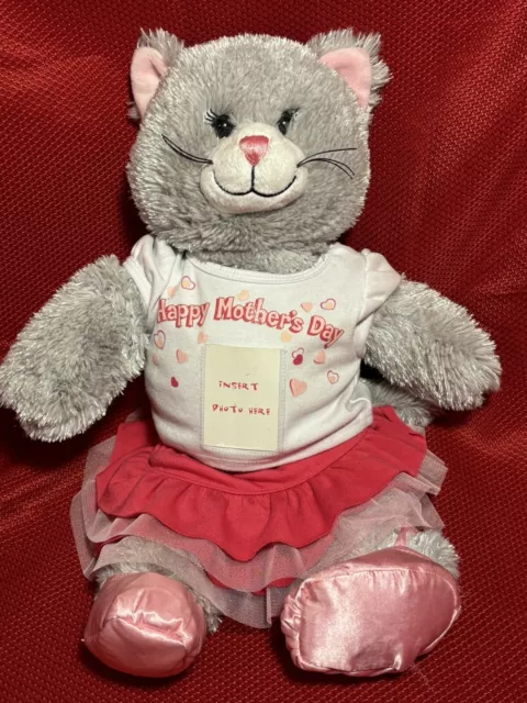 Build A Bear Gray Silver Cat Kitten Pink Nose Ears Eyelashes Soft Plush 17"
