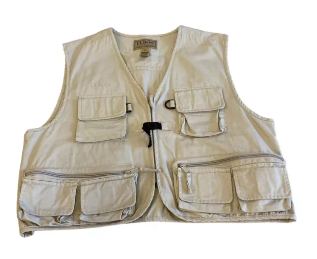 Vintage LL Bean Fly Fishing Vest 13 Pockets Size XL Tan USA Made Zip Up
