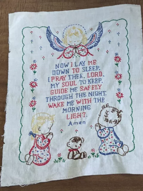 Vintage Hand Embroidered Childs Sampler Wall Hanging Unfinished The Lords Prayer