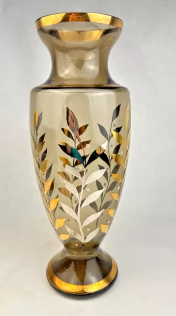 MCM Bohemia Czech Lead Crystal Glass 12" Vase with Painted Silver & Gold Leaves
